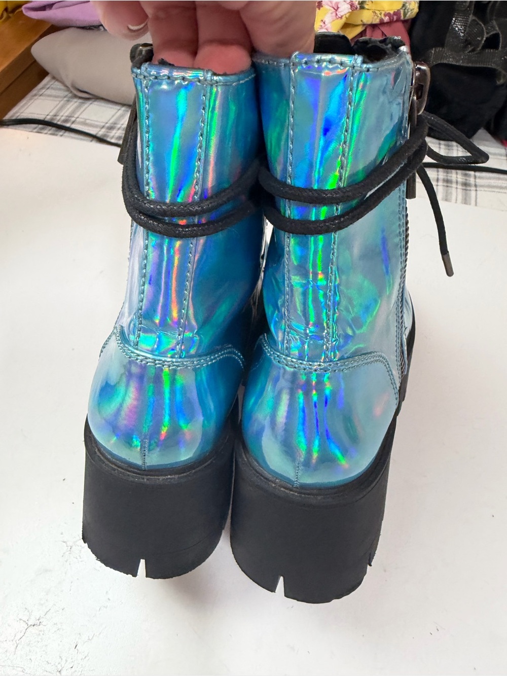 Current Mood Blue Metallic Holographic Walking On Water Platform Combat Boots 7 - Picture 7 of 16